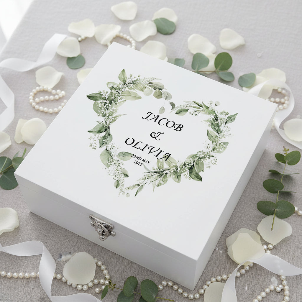 Personalised Luxury Wooden Wedding Box Keepsakes With Floral Green Heart Keepsake Wooden Box ukgiftstoreonline