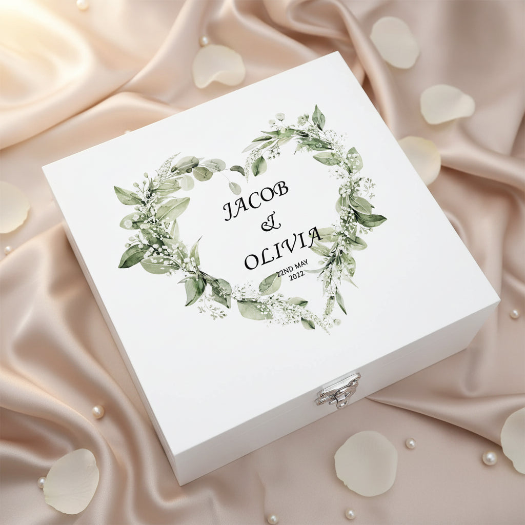 Personalised Luxury Wooden Wedding Box Keepsakes With Floral Green Heart Keepsake Wooden Box ukgiftstoreonline