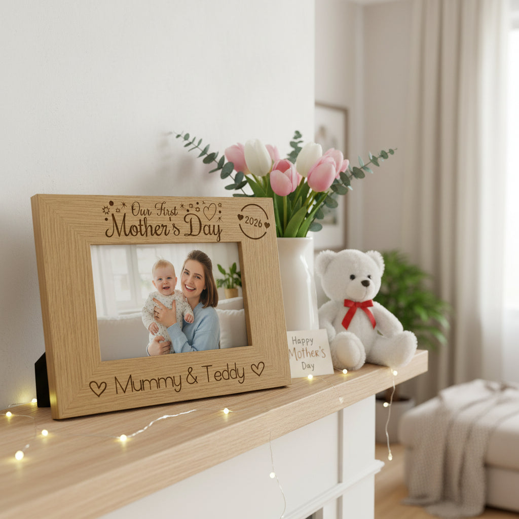 Personalised Our first Mothers Day Engraved Photo Frame Oak wood finish Landscape Photo Frame ukgiftstoreonline