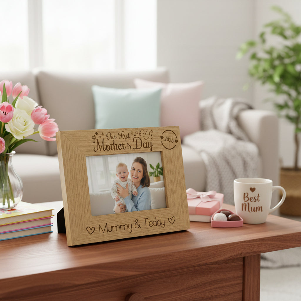 Personalised Our first Mothers Day Engraved Photo Frame Oak wood finish Landscape Photo Frame ukgiftstoreonline