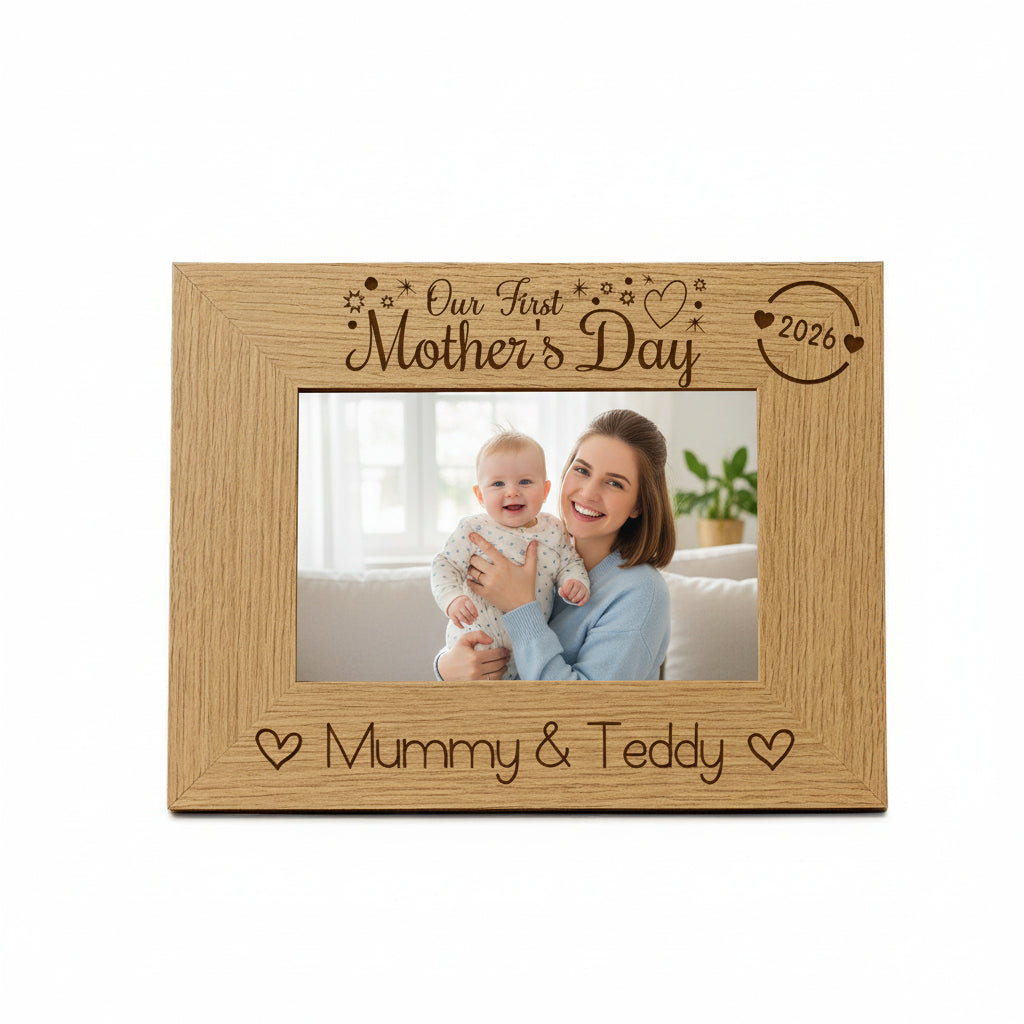 Personalised Our first Mothers Day Engraved Photo Frame Oak wood finish Landscape Photo Frame ukgiftstoreonline