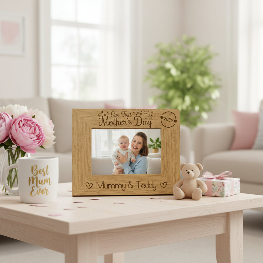 Personalised Our first Mothers Day Engraved Photo Frame Oak wood finish Landscape Photo Frame ukgiftstoreonline