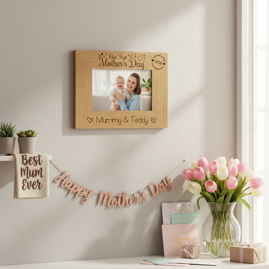 Personalised Our first Mothers Day Engraved Photo Frame Oak wood finish Landscape Photo Frame ukgiftstoreonline