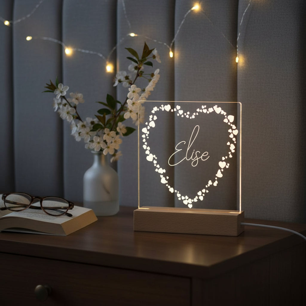 Any Name and Heart Personalised Night Light LED Lamp Gift Personalised Lights ukgiftstoreonline