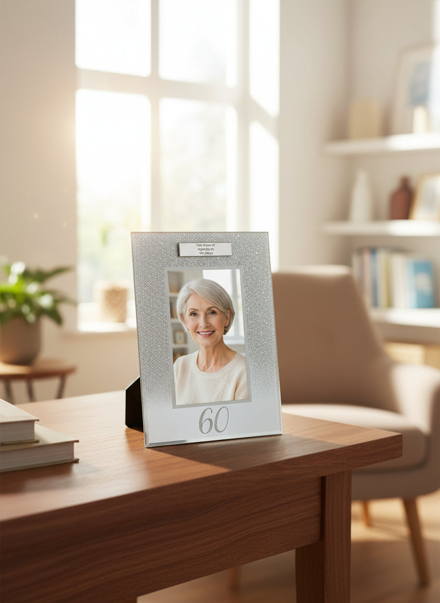 Personalised 60th Birthday Photo Frame Silver Glitter Gift Birthday Photo Frame ukgiftstoreonline