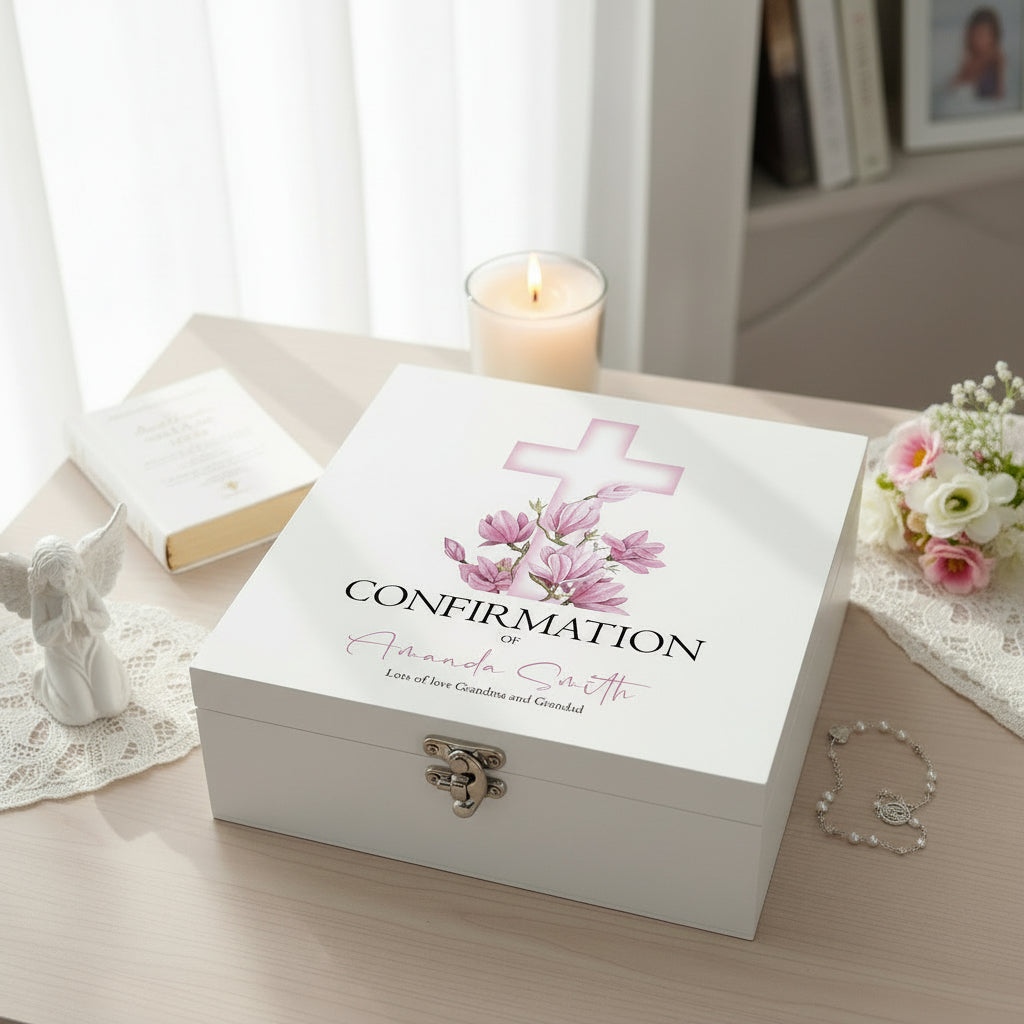 Personalised Confirmation Day Wooden Keepsake Memory Box With Pink Cross Keepsake Boxes ukgiftstoreonline