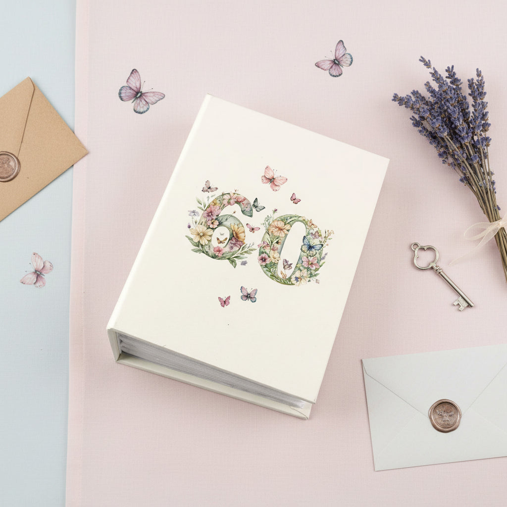 60th Birthday Photo Album Gift For Her 100 Photos 6"x4" Butterflies and Flowers Personalised Photo Album ukgiftstoreonline