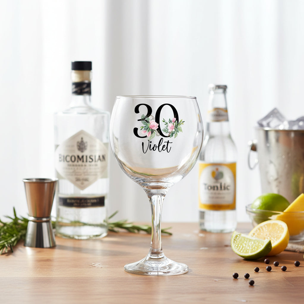 Personalised 30th Birthday Floral Cocktail Gin Glass Gift for Her Personalised Gin Glasses ukgiftstoreonline