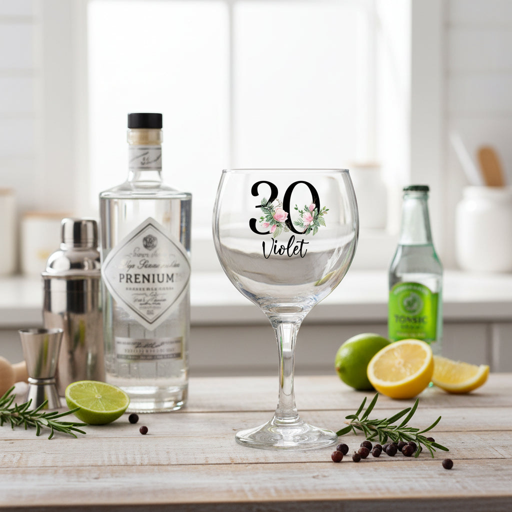 Personalised 30th Birthday Floral Cocktail Gin Glass Gift for Her Personalised Gin Glasses ukgiftstoreonline
