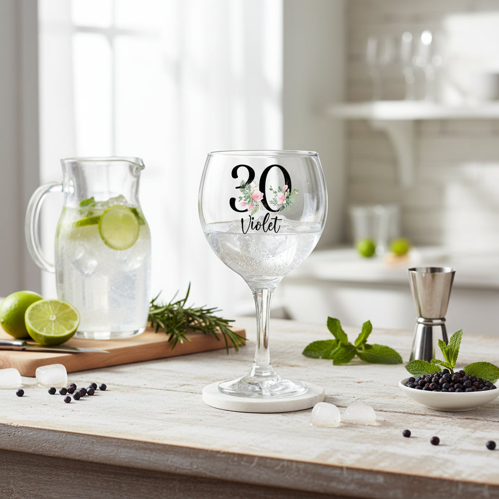 Personalised 30th Birthday Floral Cocktail Gin Glass Gift for Her Personalised Gin Glasses ukgiftstoreonline