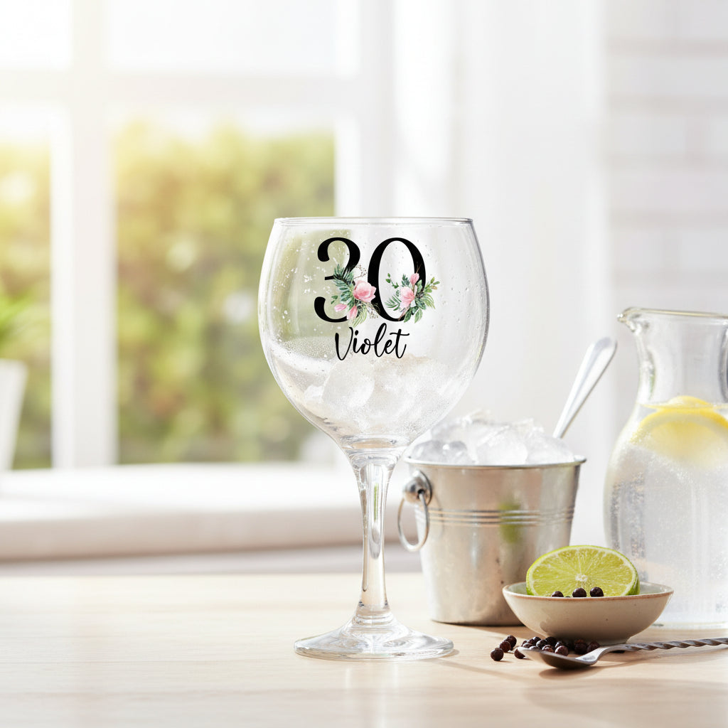 Personalised 30th Birthday Floral Cocktail Gin Glass Gift for Her Personalised Gin Glasses ukgiftstoreonline