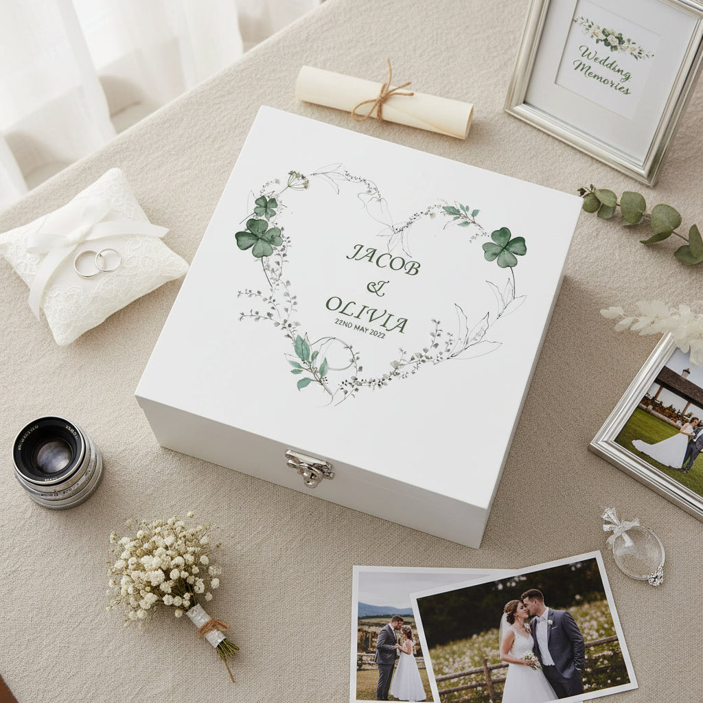 Personalised Luxury Wooden Wedding Box Keepsakes With Green Clover Leaf Heart Keepsake Wooden Box ukgiftstoreonline