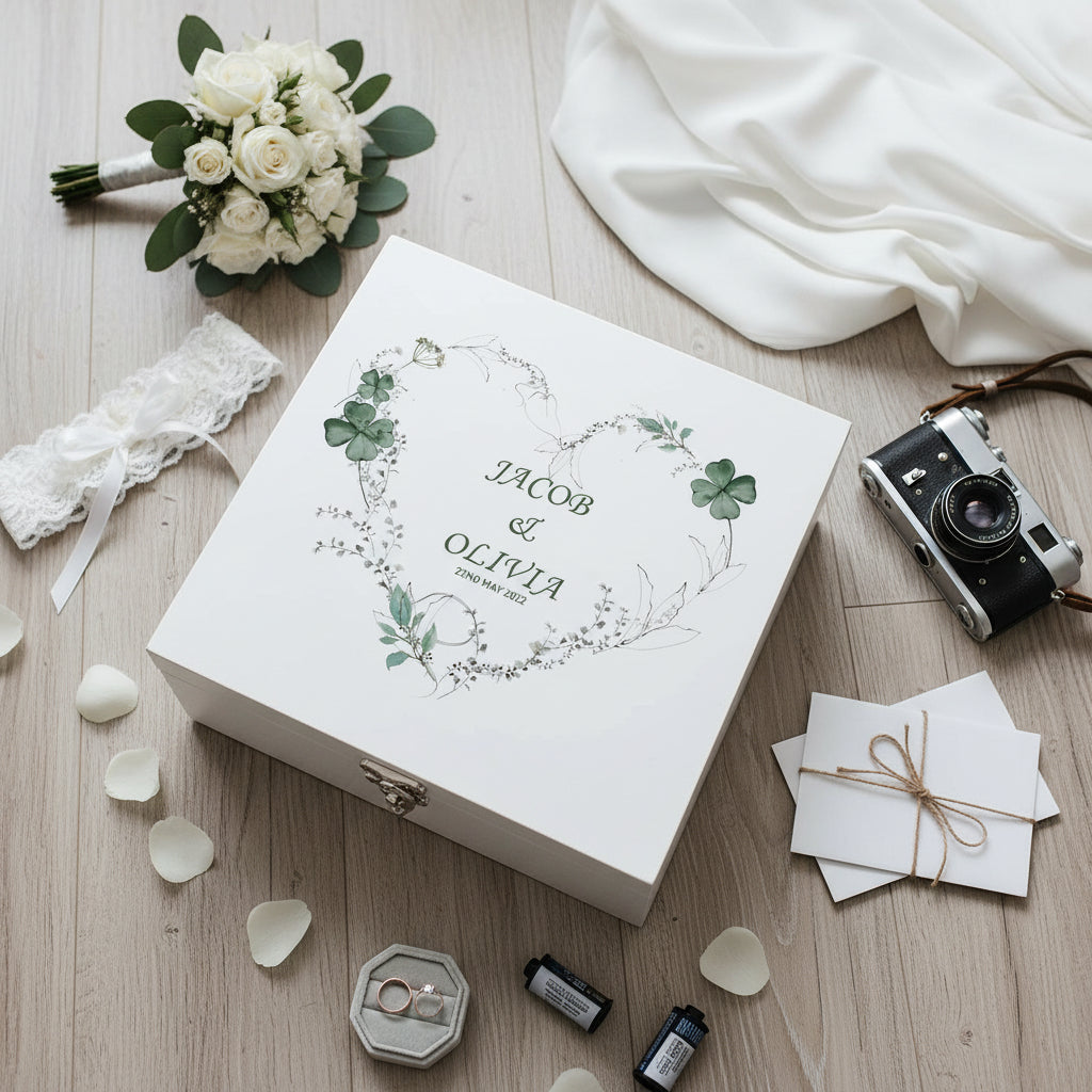 Personalised Luxury Wooden Wedding Box Keepsakes With Green Clover Leaf Heart Keepsake Wooden Box ukgiftstoreonline