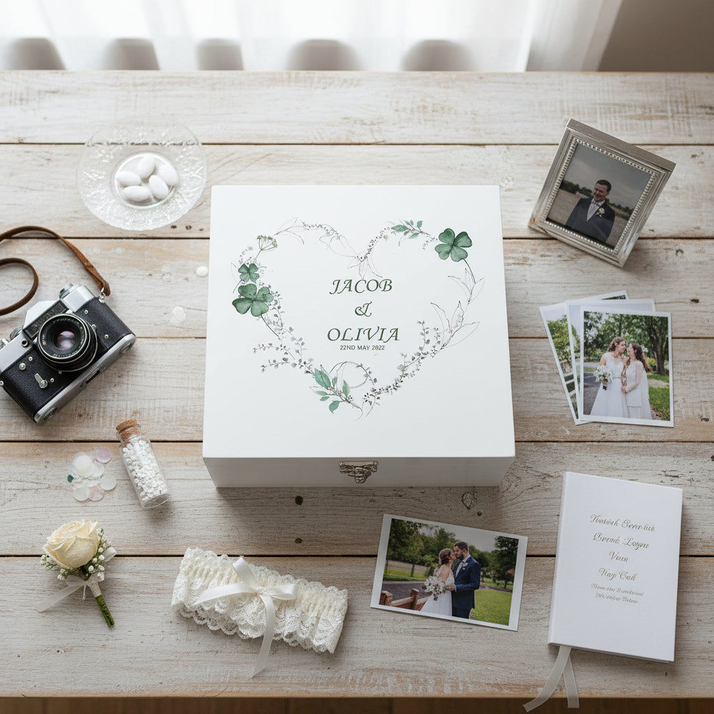 Personalised Luxury Wooden Wedding Box Keepsakes With Green Clover Leaf Heart Keepsake Wooden Box ukgiftstoreonline