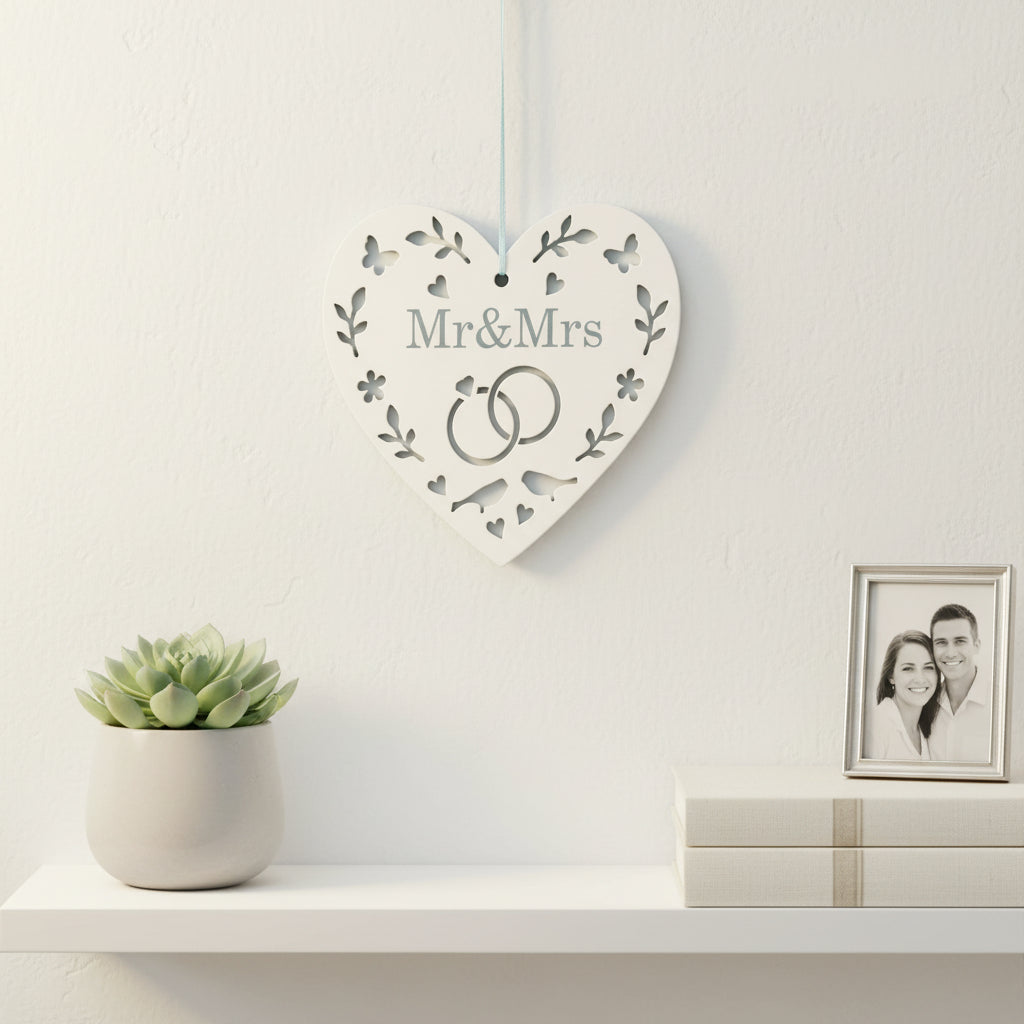 Personalised Wedding 'Mr & Mrs' Wooden Heart With Birds and Rings wedding horseshoe ukgiftstoreonline