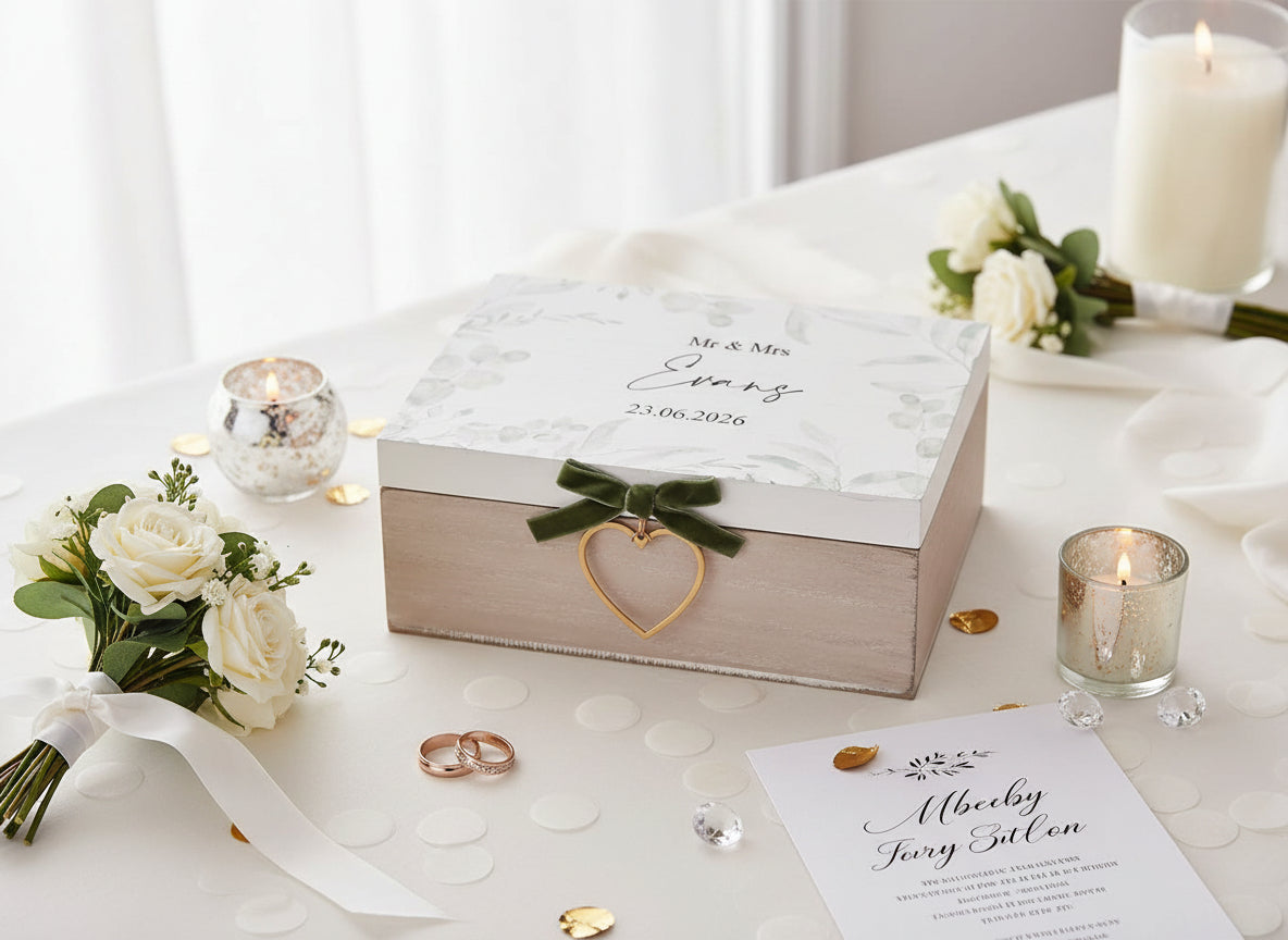 Personalised Rustic Wooden Wedding Keepsake Memory Box With Velvet Bow Personalised Box ukgiftstoreonline
