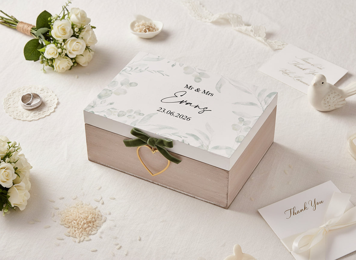 Personalised Rustic Wooden Wedding Keepsake Memory Box With Velvet Bow Personalised Box ukgiftstoreonline