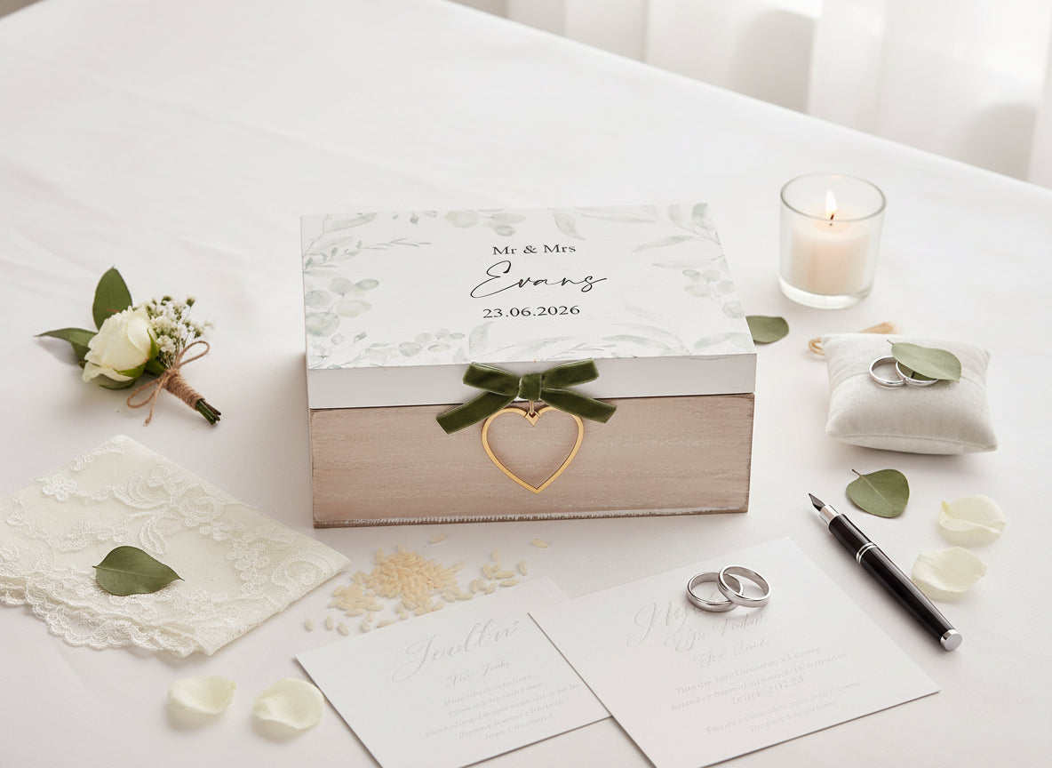 Personalised Rustic Wooden Wedding Keepsake Memory Box With Velvet Bow Personalised Box ukgiftstoreonline
