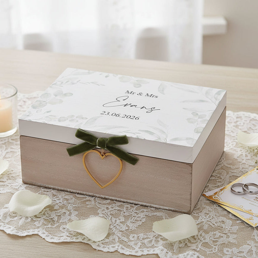 Personalised Rustic Wooden Wedding Keepsake Memory Box With Velvet Bow Personalised Box ukgiftstoreonline