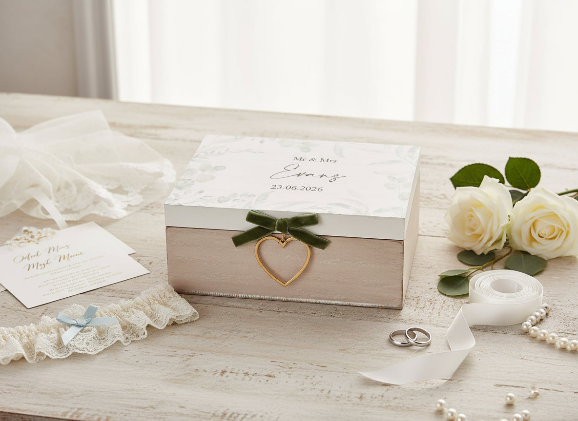 Personalised Rustic Wooden Wedding Keepsake Memory Box With Velvet Bow Personalised Box ukgiftstoreonline