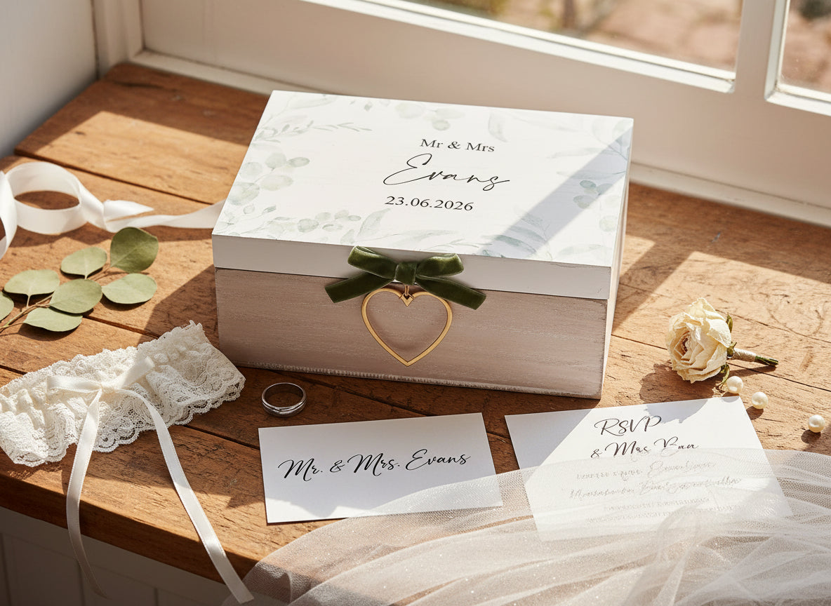 Personalised Rustic Wooden Wedding Keepsake Memory Box With Velvet Bow Personalised Box ukgiftstoreonline