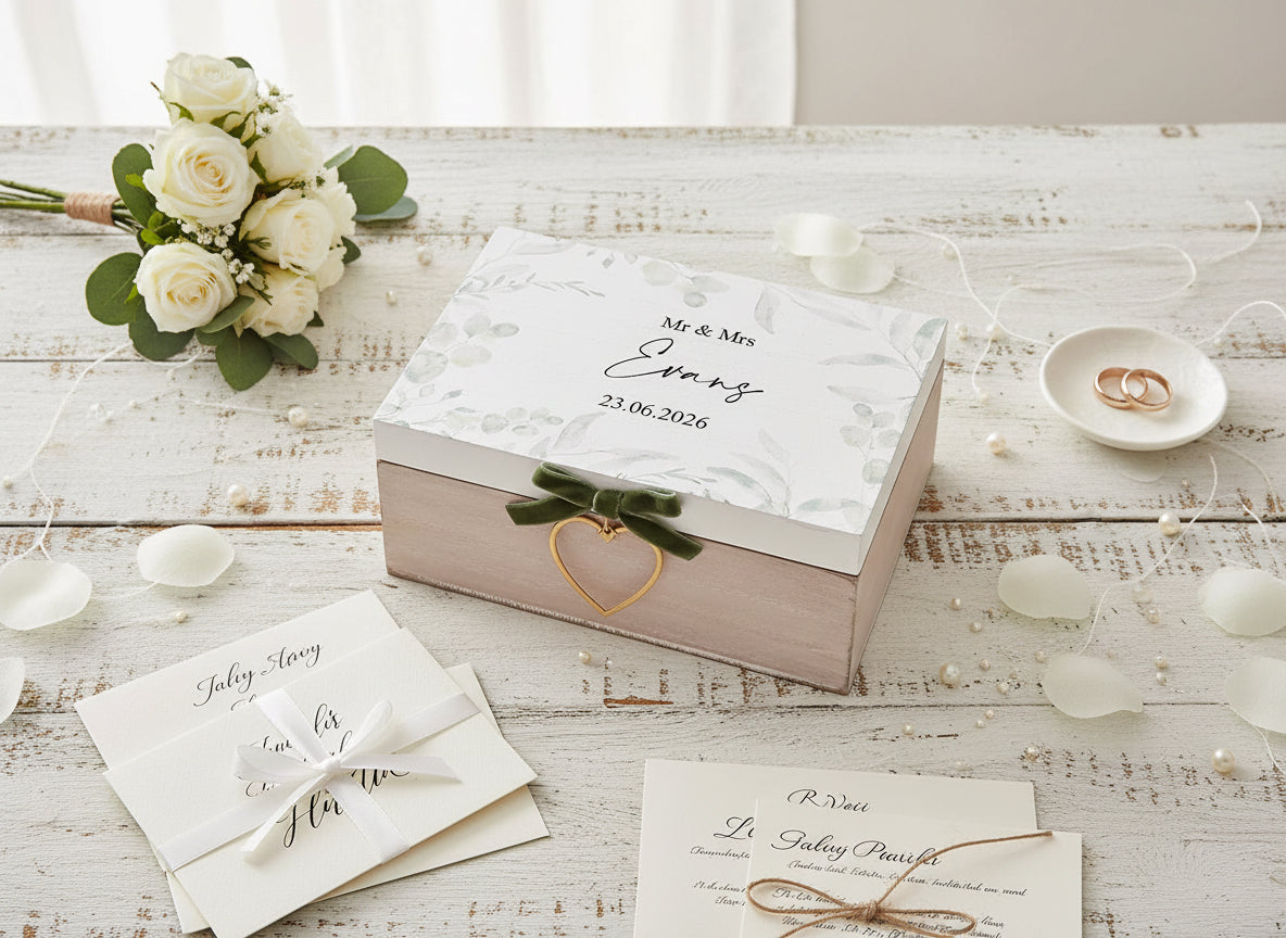 Personalised Rustic Wooden Wedding Keepsake Memory Box With Velvet Bow Personalised Box ukgiftstoreonline