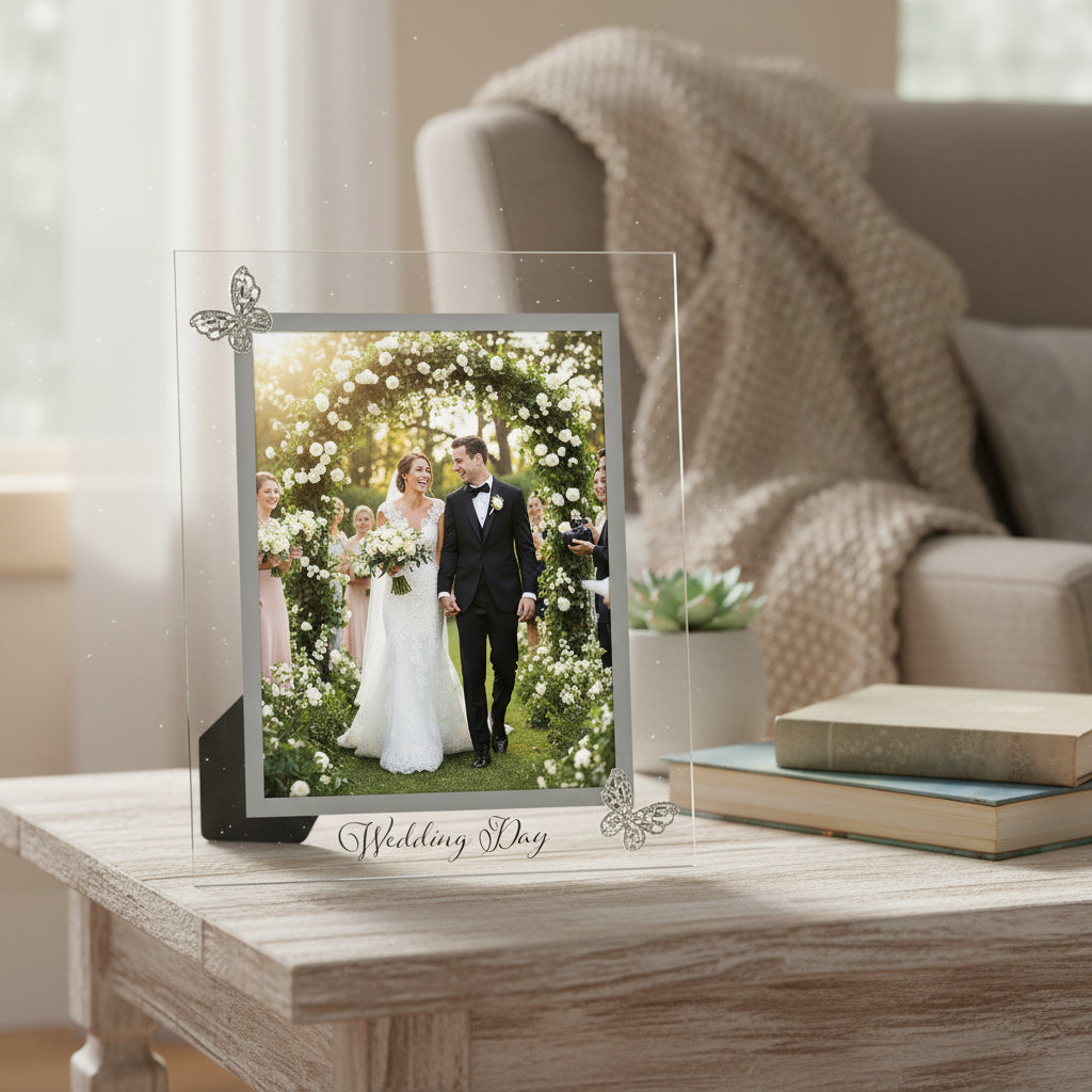 Large Glass Wedding Photo Frame 8" x 10" With Jeweled Butterflies photo frame ukgiftstoreonline