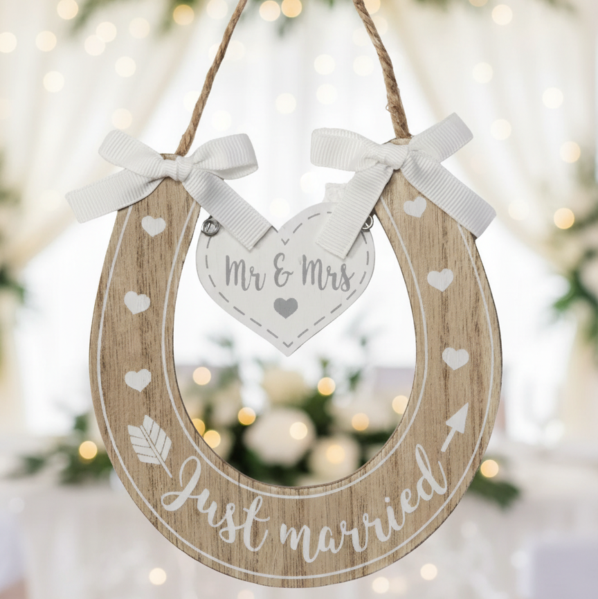 Wedding 'Mr & Mrs' 'Just Married' Wooden Horseshoe with Hearts wedding horseshoe ukgiftstoreonline