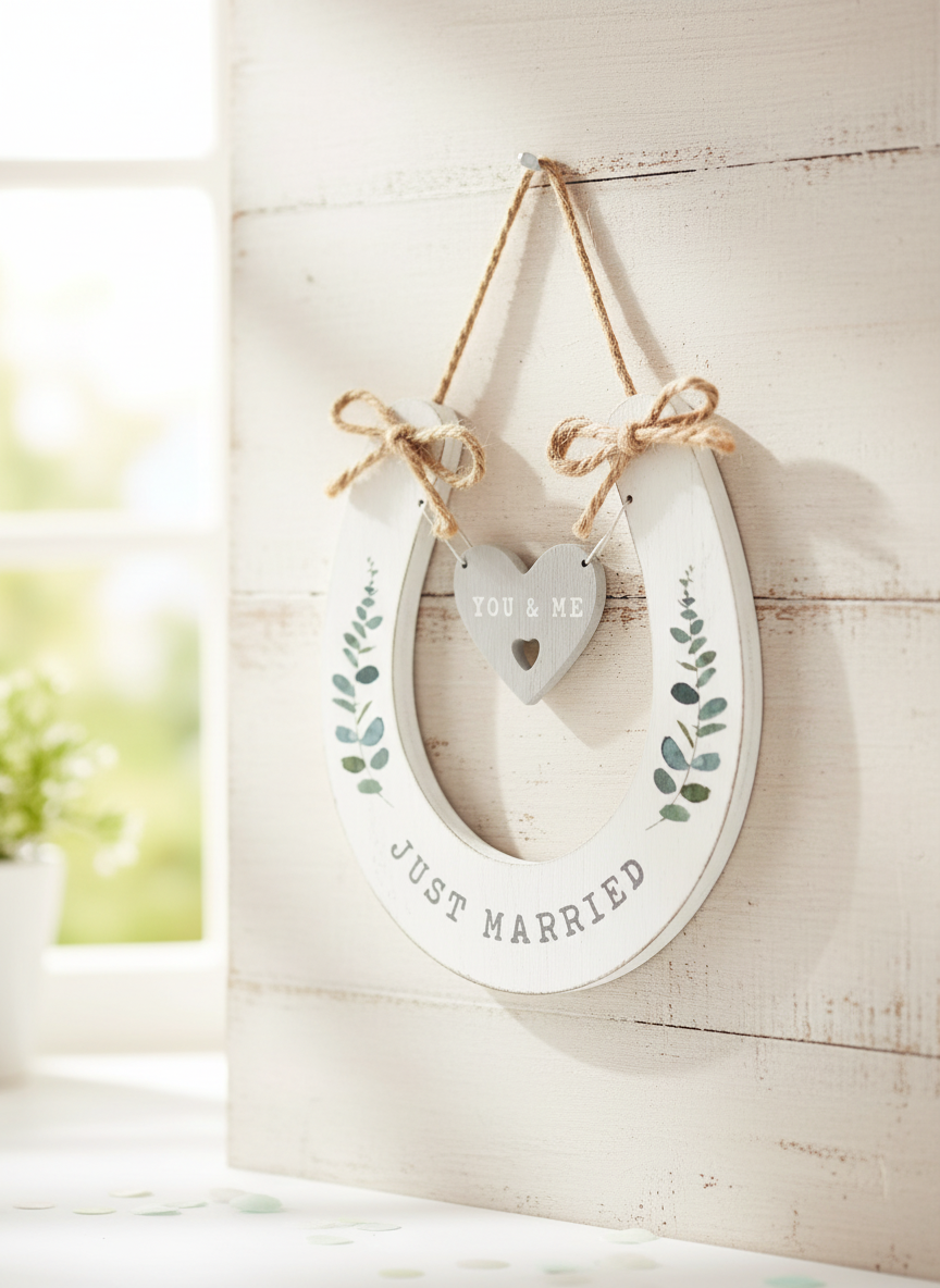 Wedding 'You and Me' 'Just Married' Wooden Horseshoe with Hearts wedding horseshoe ukgiftstoreonline