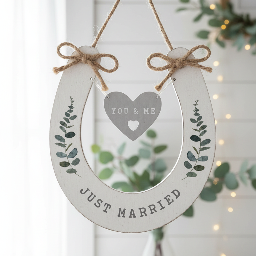 Wedding 'You and Me' 'Just Married' Wooden Horseshoe with Hearts wedding horseshoe ukgiftstoreonline