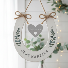Wedding 'You and Me' 'Just Married' Wooden Horseshoe with Hearts wedding horseshoe ukgiftstoreonline