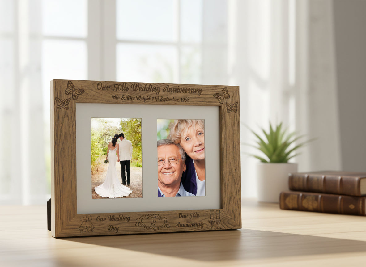 Personalised Our 50th Anniversary Engraved Double Wooden Photo Frame Gift Anniversary Photo Frame ukgiftstoreonline