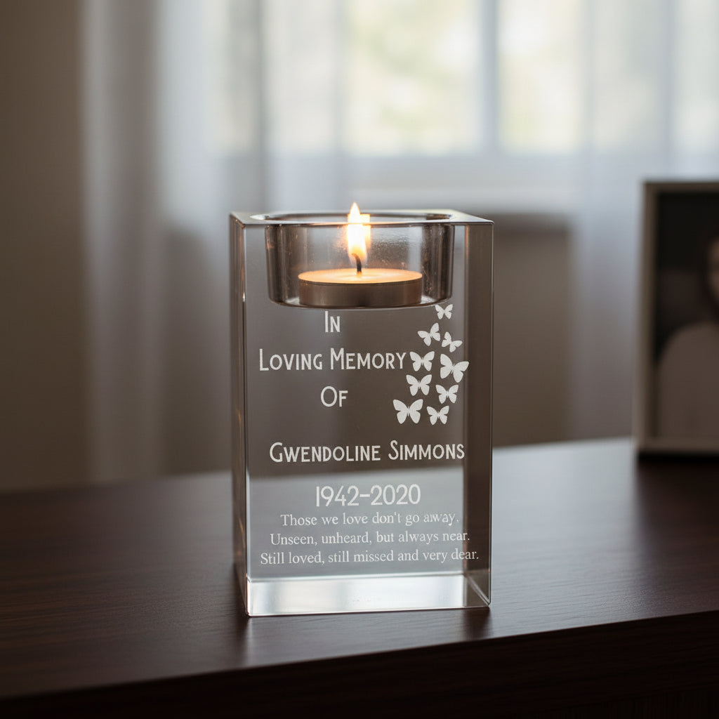 Personalised Memorial Tea Light Holder Engraved Crystal Glass Remembrance Gift Loving Memory Remembrance ukgiftstoreonline