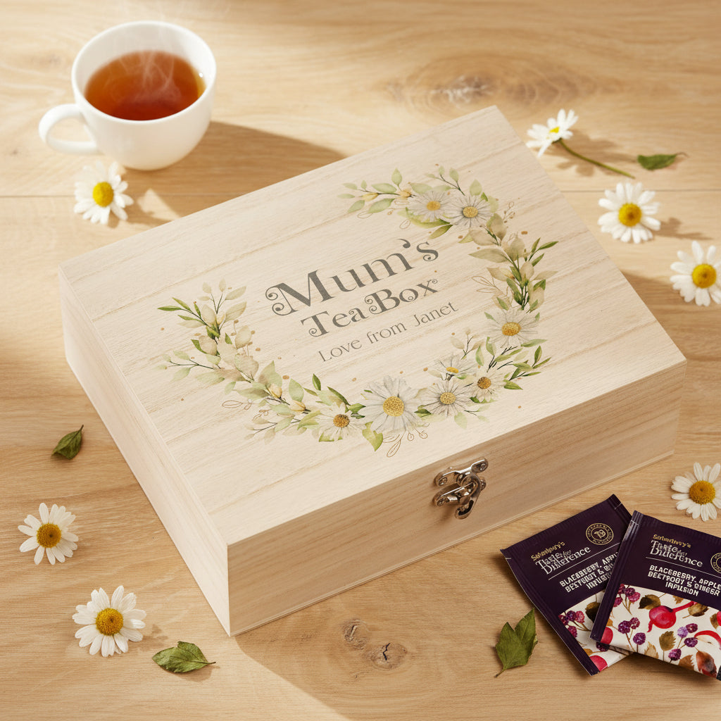 Personalised Mum's Compartment Tea Box With Chamomile Flowers Tea Box Raised Words