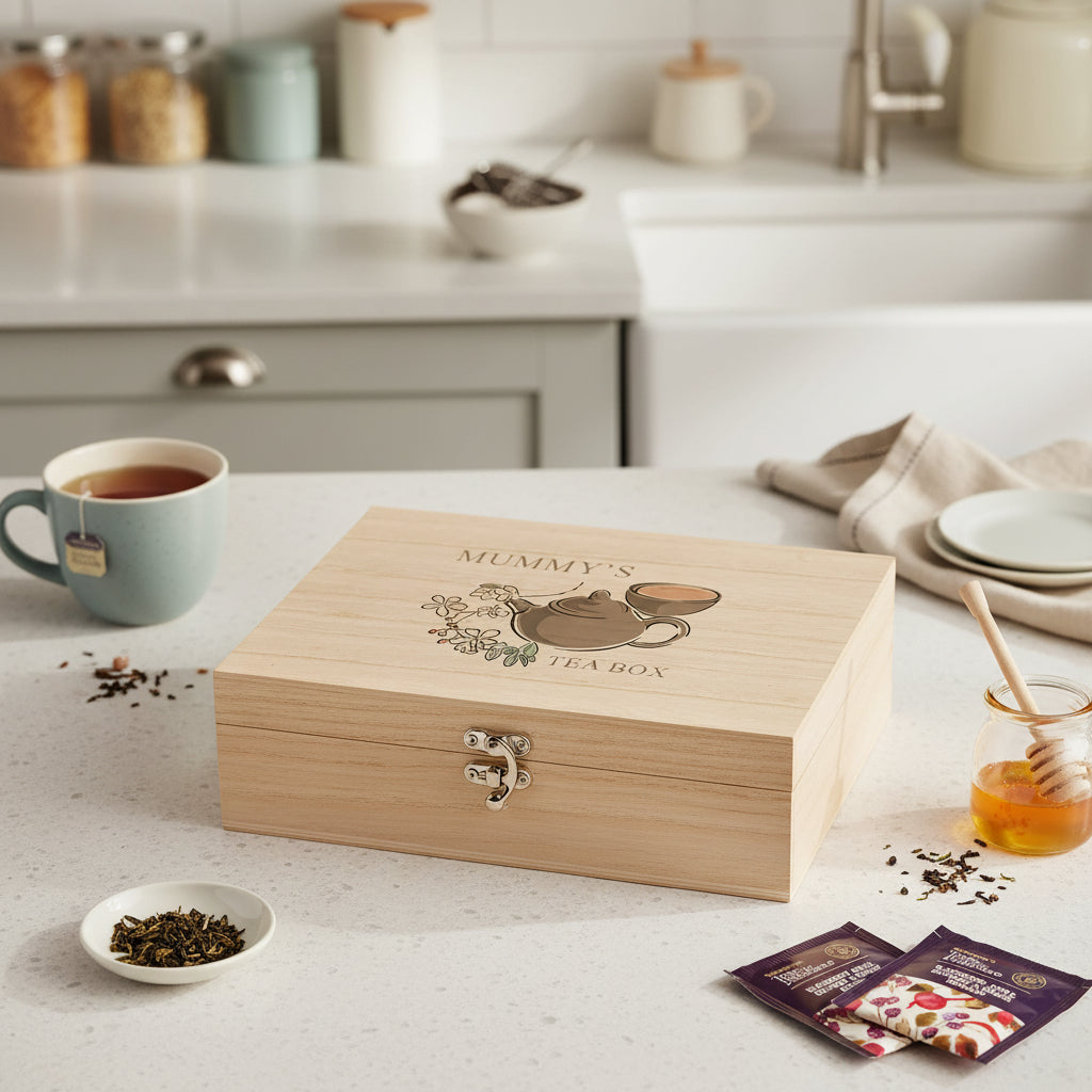 Personalised Any Name Compartment Tea Box With Floral Design Tea Box Raised Words