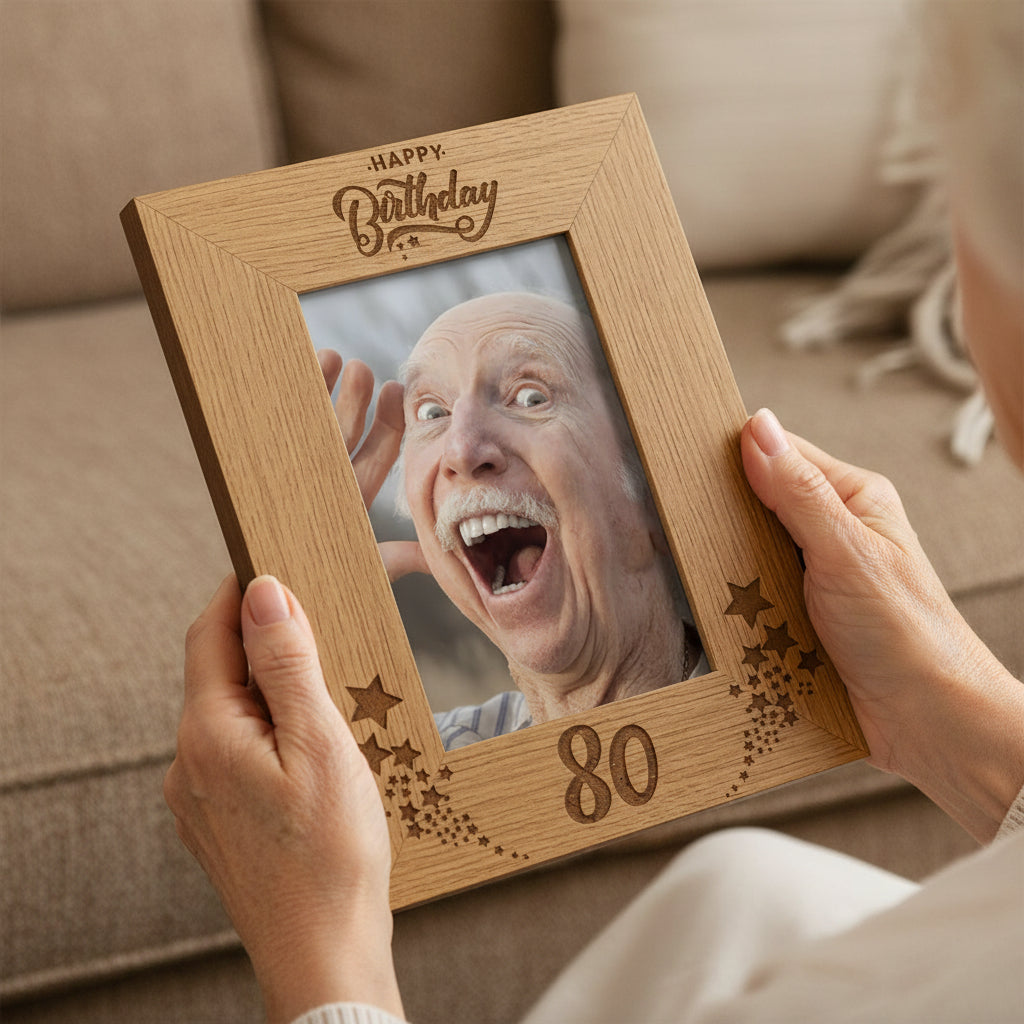 Happy 80th Birthday Portrait Engraved Wooden Photo Frame Star Design Gift Photo Frame ukgiftstoreonline