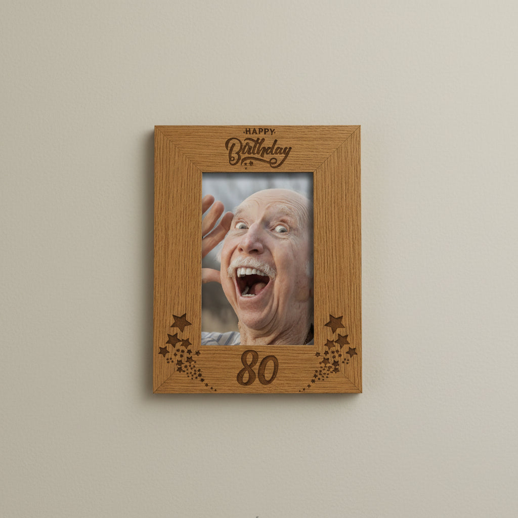 Happy 80th Birthday Portrait Engraved Wooden Photo Frame Star Design Gift Photo Frame ukgiftstoreonline