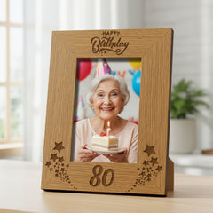 Happy 80th Birthday Portrait Engraved Wooden Photo Frame Star Design Gift Photo Frame ukgiftstoreonline