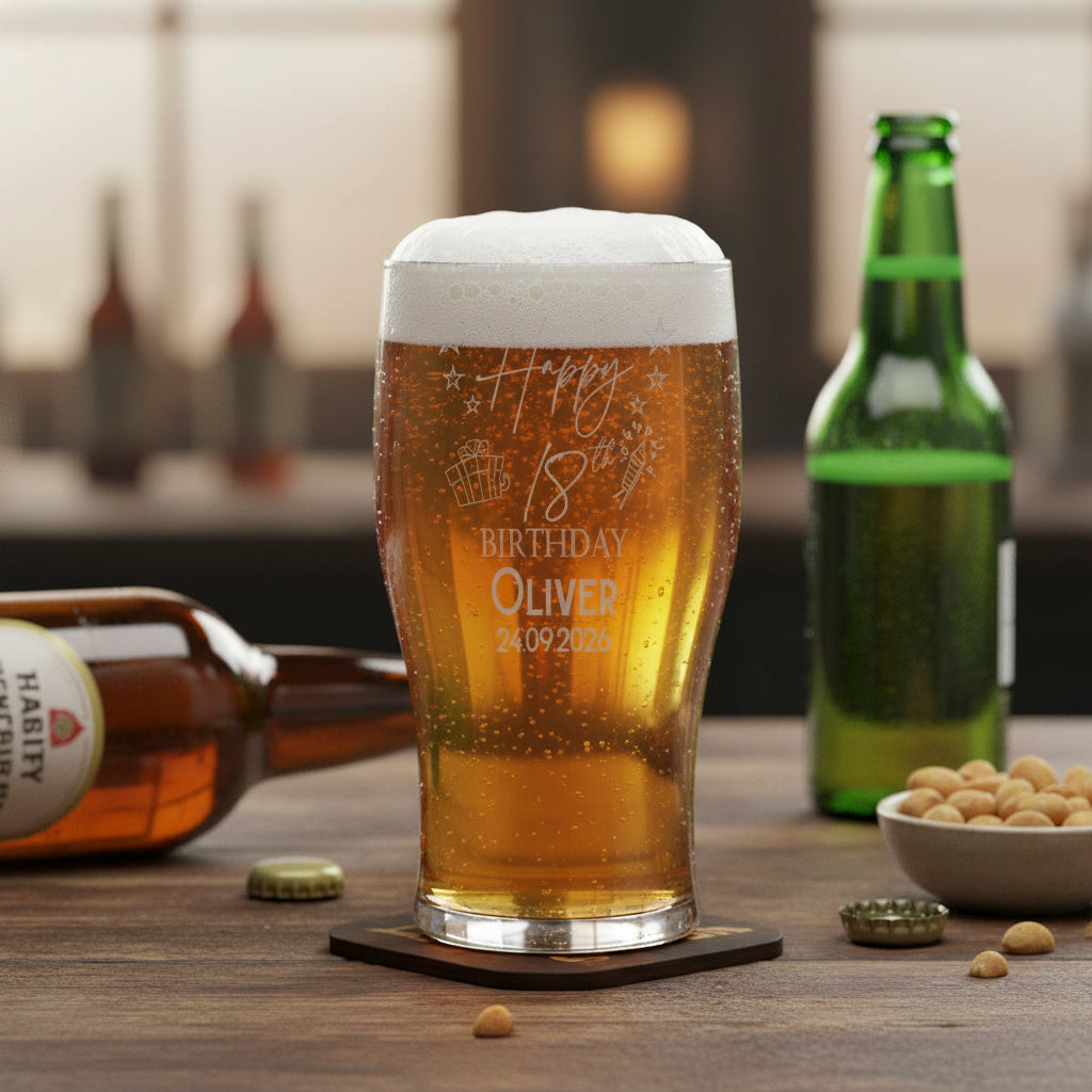 18th Birthday Personalised Engraved Beer Glass Gift for Him with Star Design personalised beer glasses ukgiftstoreonline