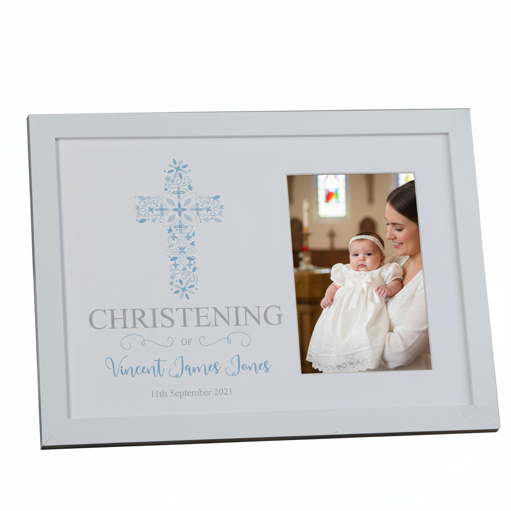 Personalised Christening Boy Gift Blue Ornate Cross Design Photo Frame Keepsake Christening Photo Frame ukgiftstoreonline