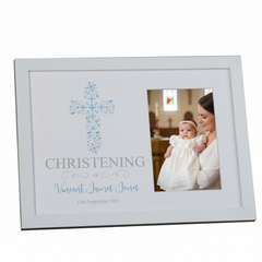 Personalised Christening Boy Gift Blue Ornate Cross Design Photo Frame Keepsake Christening Photo Frame ukgiftstoreonline