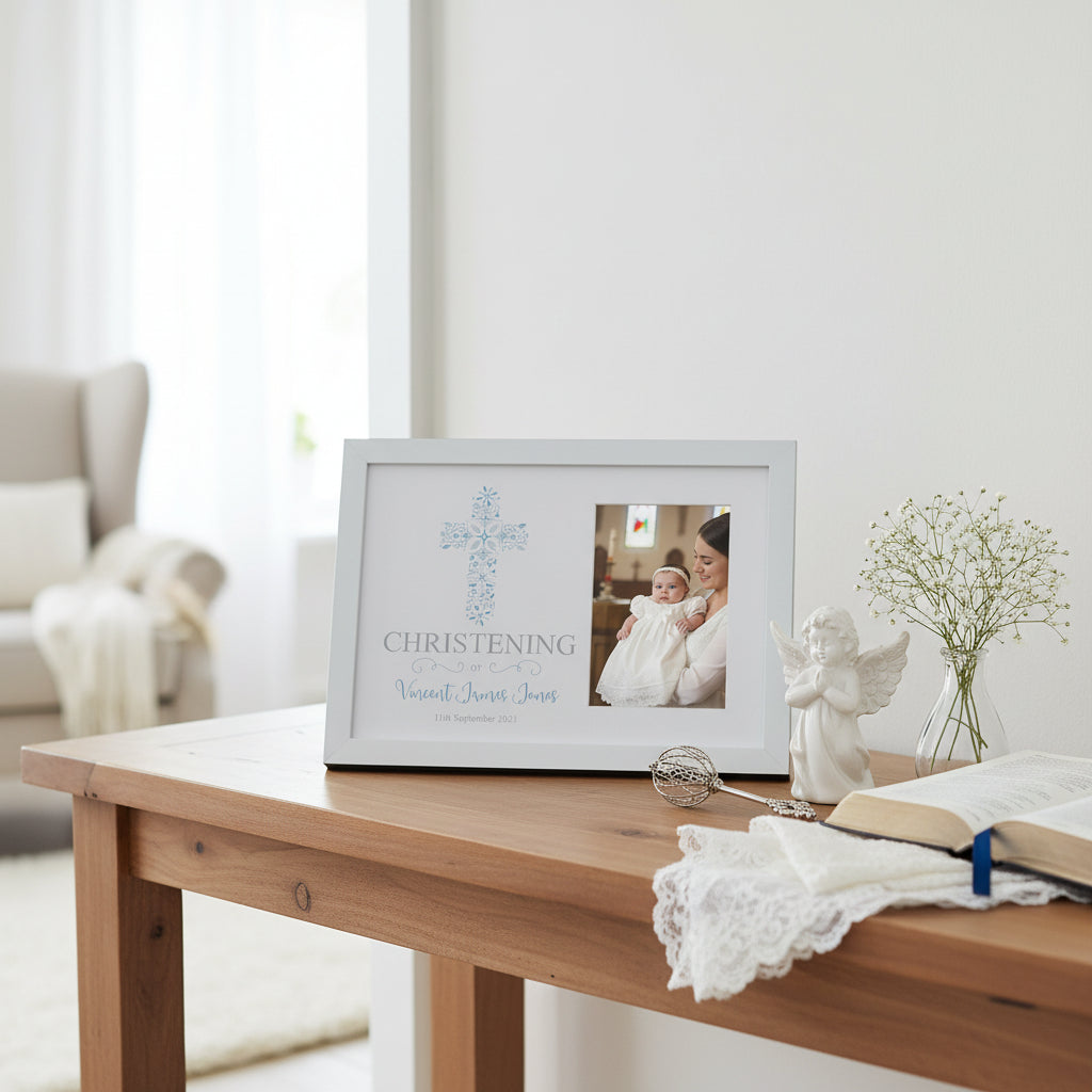 Personalised Christening Boy Gift Blue Ornate Cross Design Photo Frame Keepsake Christening Photo Frame ukgiftstoreonline