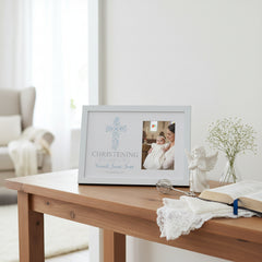 Personalised Christening Boy Gift Blue Ornate Cross Design Photo Frame Keepsake Christening Photo Frame ukgiftstoreonline