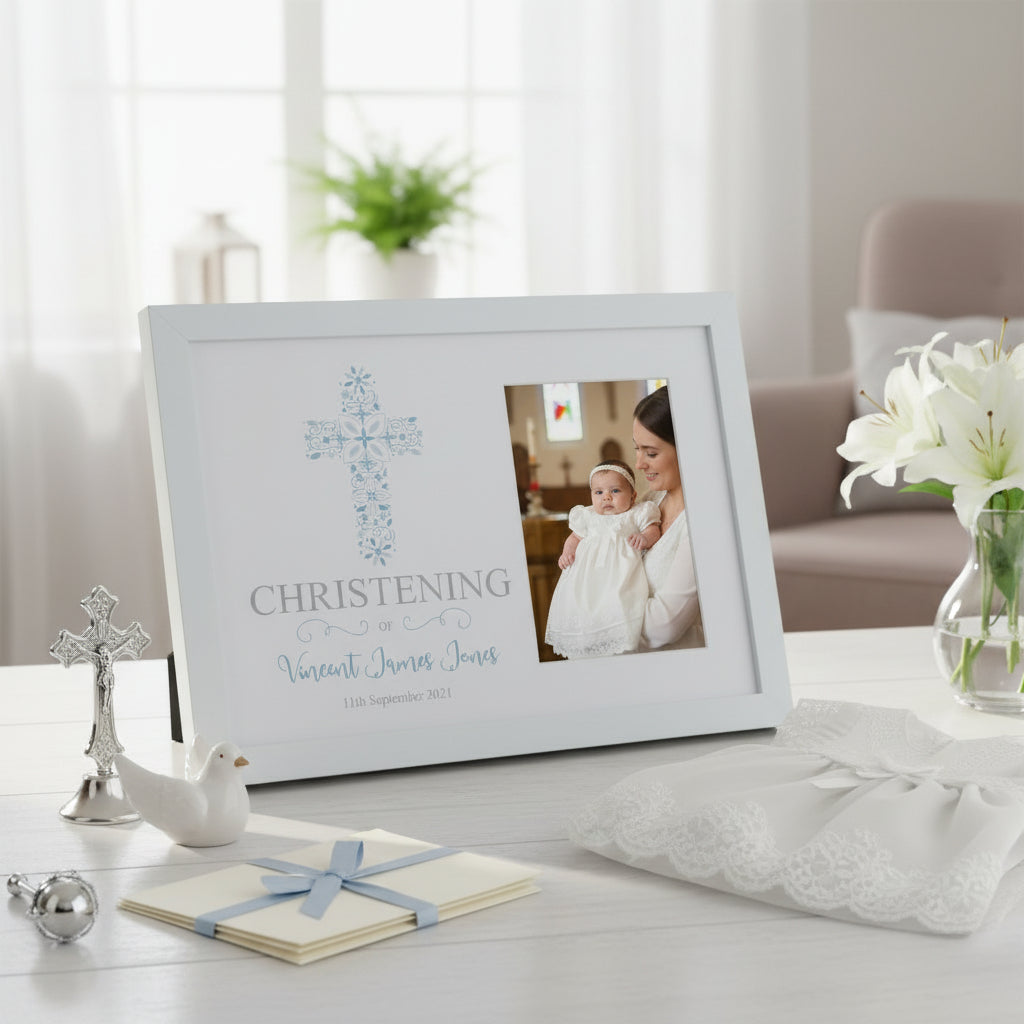 Personalised Christening Boy Gift Blue Ornate Cross Design Photo Frame Keepsake Christening Photo Frame ukgiftstoreonline