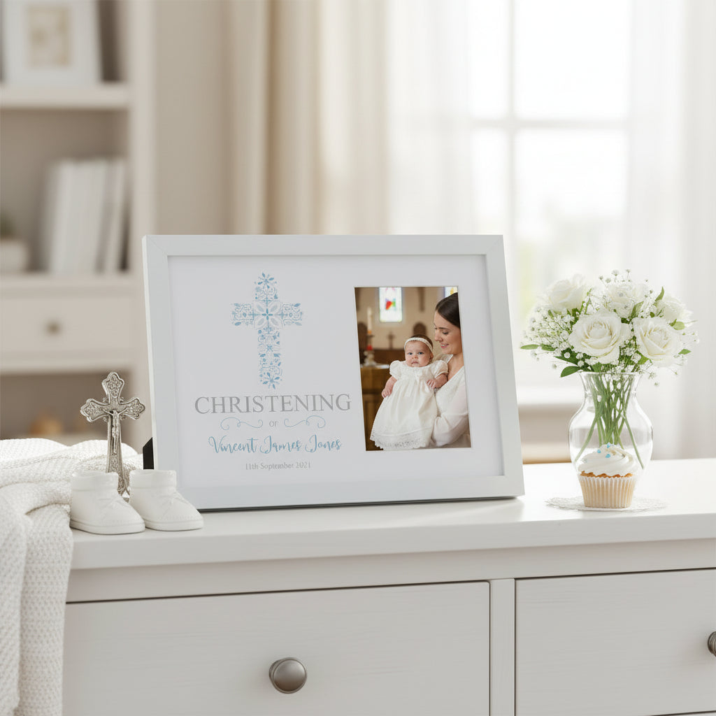 Personalised Christening Boy Gift Blue Ornate Cross Design Photo Frame Keepsake Christening Photo Frame ukgiftstoreonline