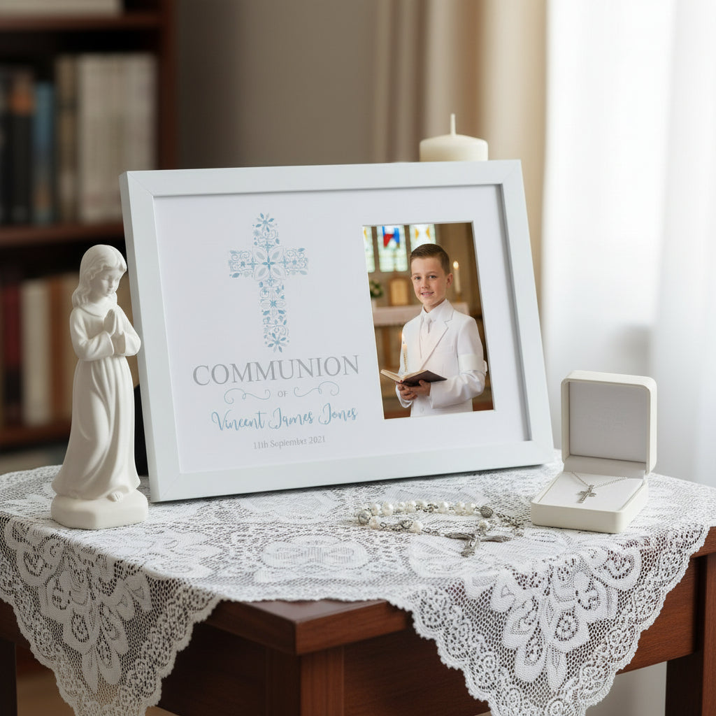 Personalised Boy Communion Blue Ornate Cross Design Photo Frame Gift Keepsake Communion Photo Frame ukgiftstoreonline