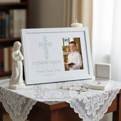 Personalised Boy Communion Blue Ornate Cross Design Photo Frame Gift Keepsake Communion Photo Frame ukgiftstoreonline
