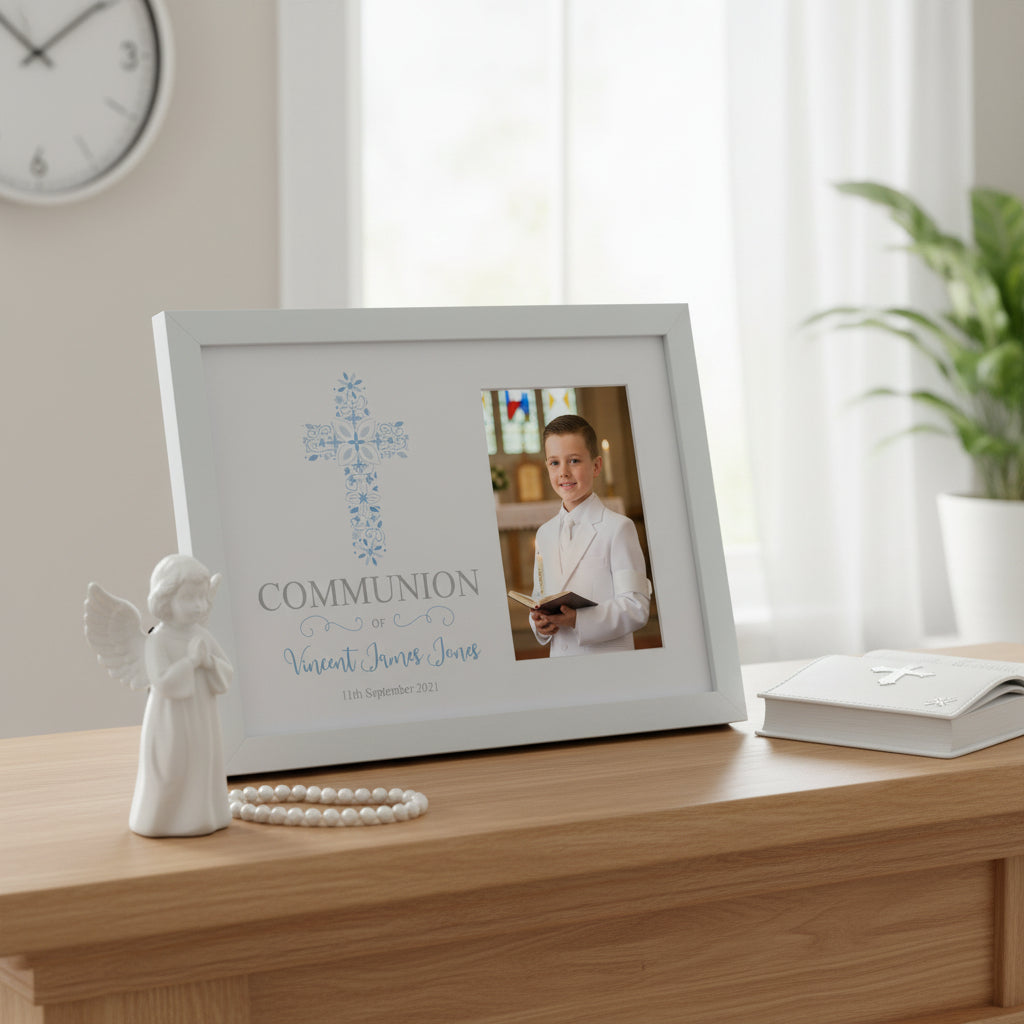 Personalised Boy Communion Blue Ornate Cross Design Photo Frame Gift Keepsake Communion Photo Frame ukgiftstoreonline
