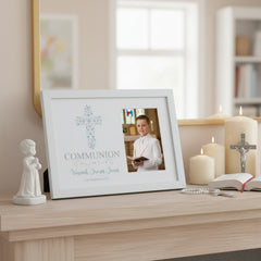 Personalised Boy Communion Blue Ornate Cross Design Photo Frame Gift Keepsake Communion Photo Frame ukgiftstoreonline