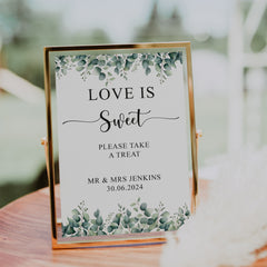Personalised Wedding Love is Sweet Take a Treat Table Sign With Eucalyptus